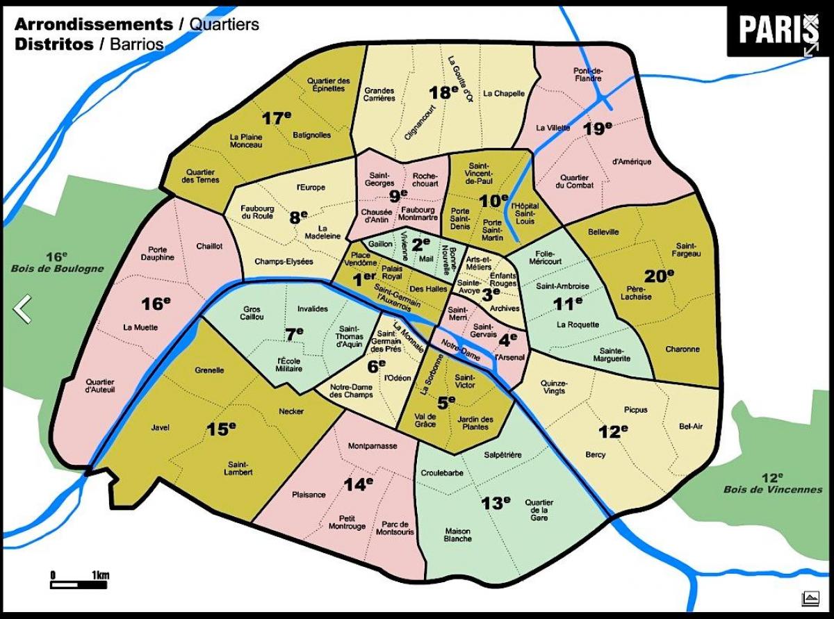 Mapa de París con arrondissement áreas