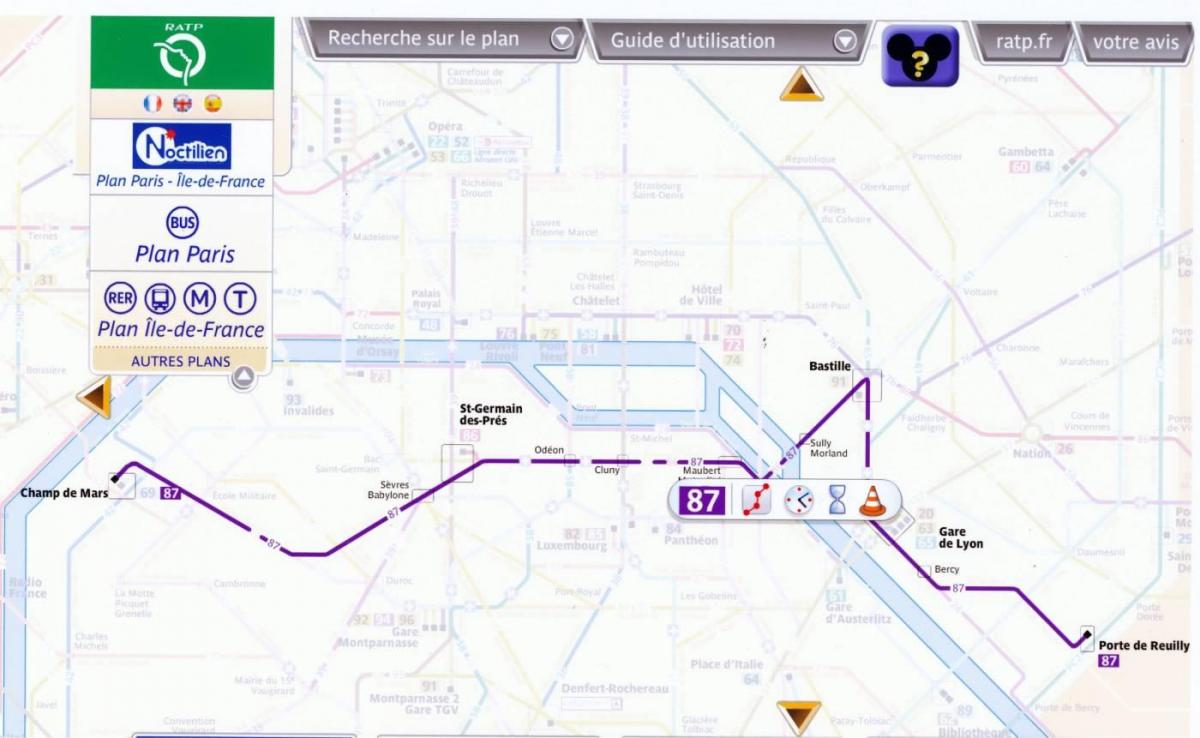 Mapa de París en autobús de la ruta 87 
