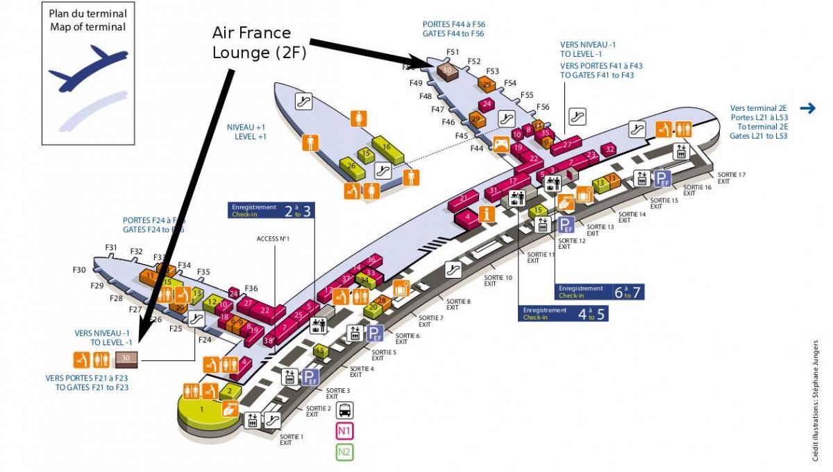 el aeropuerto charles de gaulle mapa de la terminal 2e a 2f