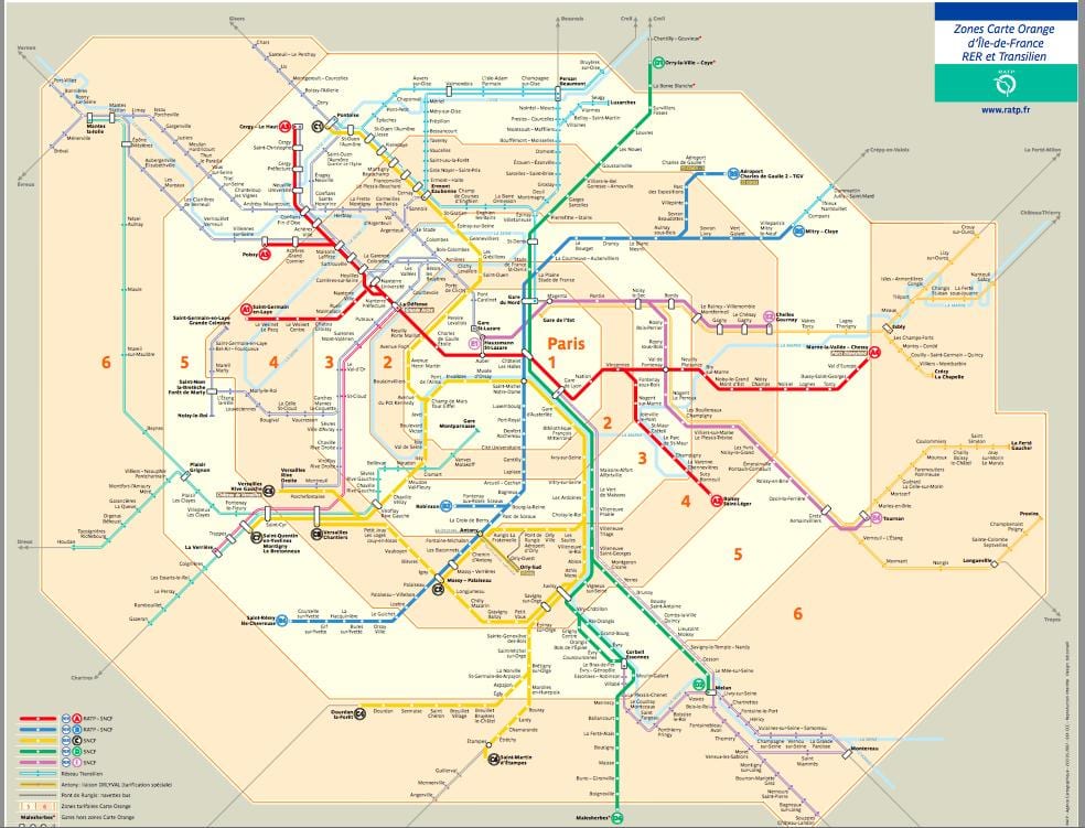 De transporte de parís mapa con las zonas de