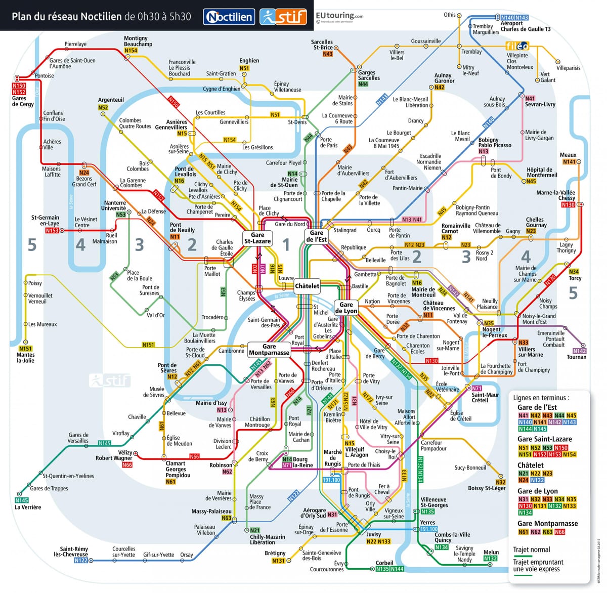 Mapa de París de noche en bus