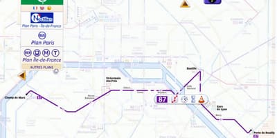 Mapa de París en autobús de la ruta 87 